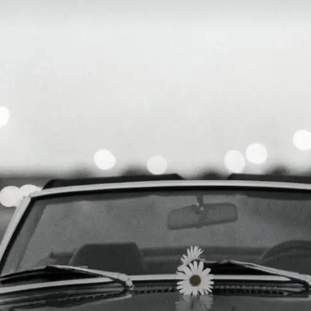 Black-and-white nuRide Away car artwork with a flower on the windshield