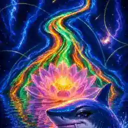 nuRide Away artwork with a luminous road, lotus and sharp-toothed shark
